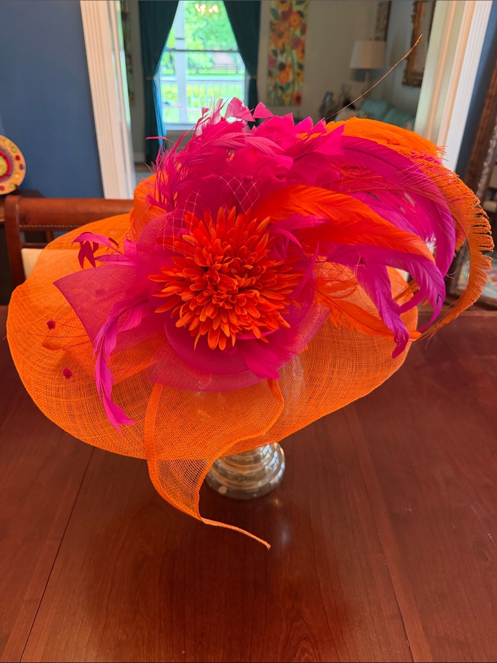 Bright Orange Wide-Brim Feathered Occasion Hat